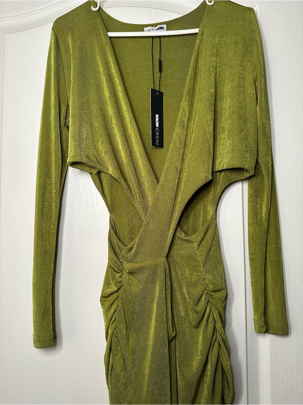 Fashion Nova Olive Wrap Long Sleeve Ruched Dress